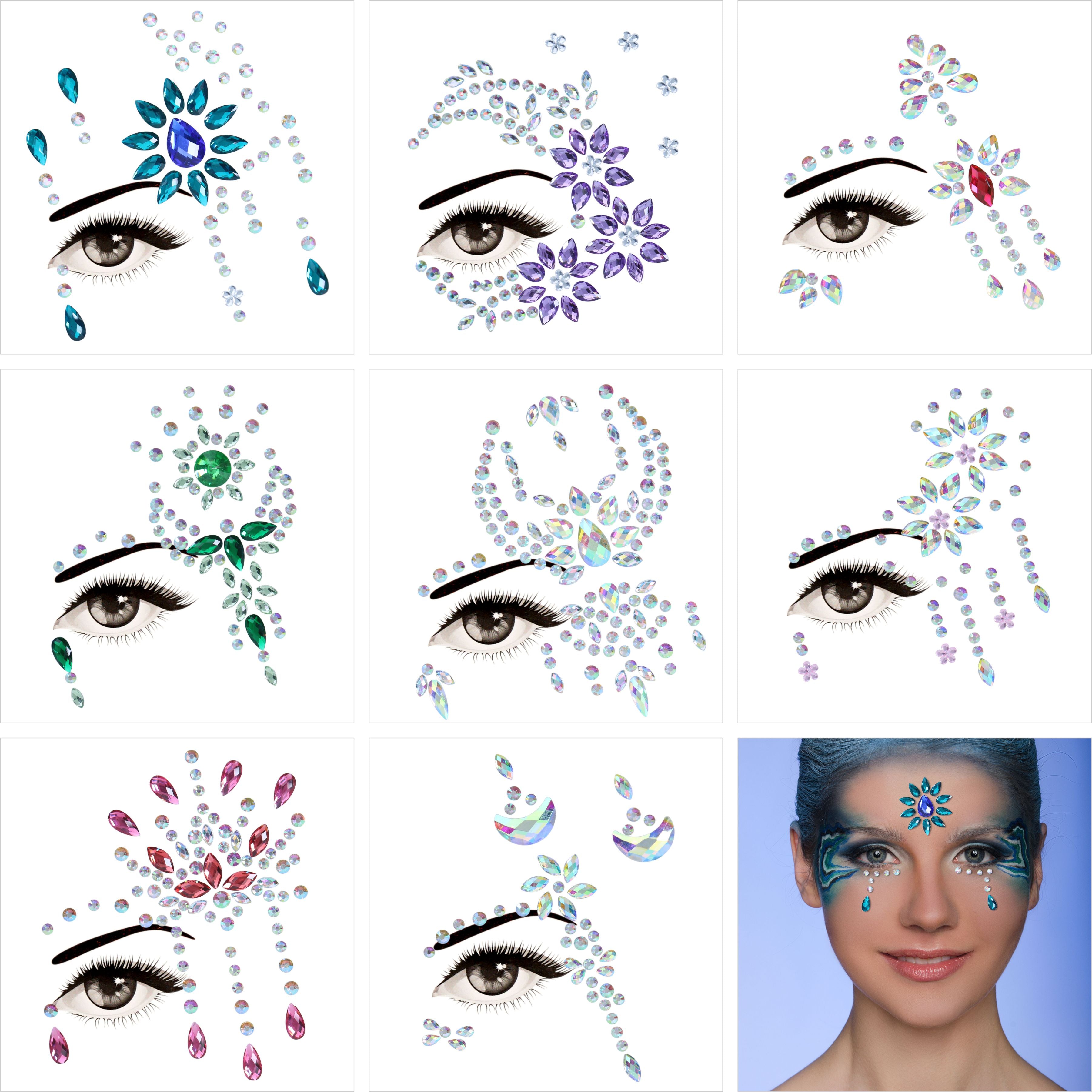 Face Jewels Temporary Tattoos Eyes Eyeliner Pearl Crystals Gems
