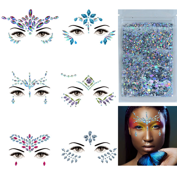 Face Jewels-6 Sets Eye Face Gems Stickers and 10g Chunky Body Glitter